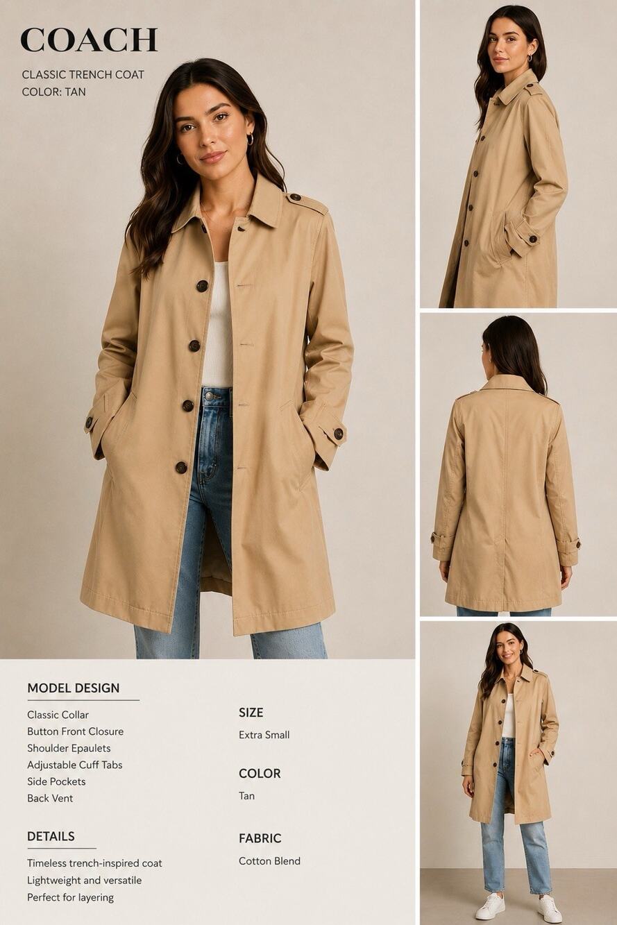 Coach Women’s XS Tan Trench Coat Button Front Long Jacket Classic Style